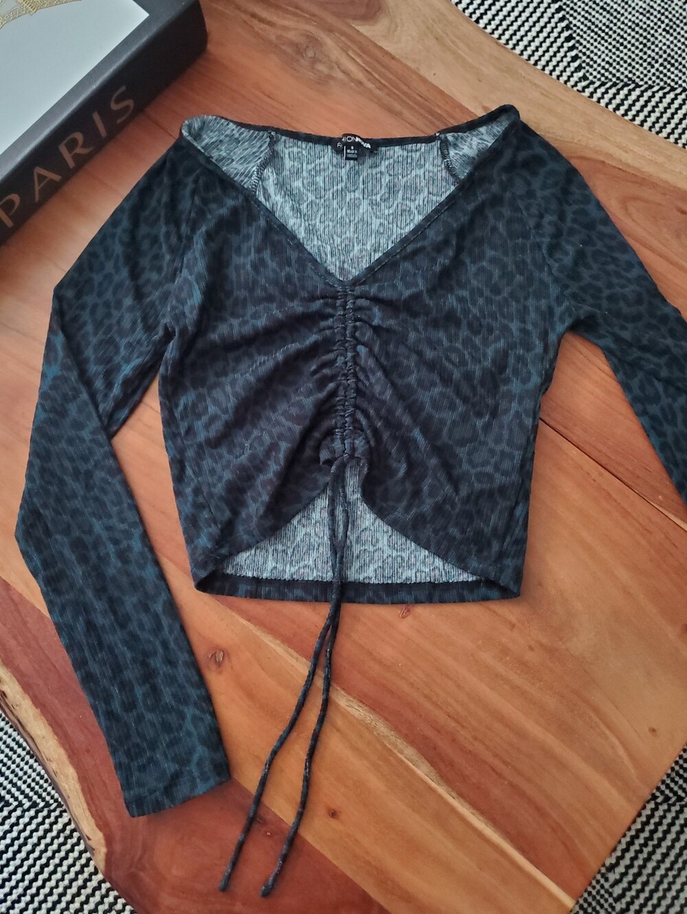 Fashion Nova Leopard Print Ruched Cropped Teal Black Ling Sleeved Top